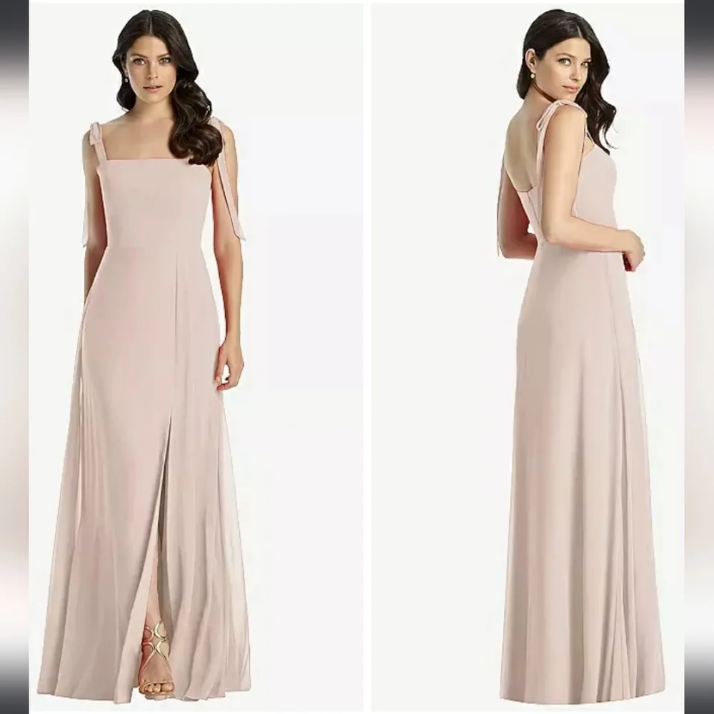 Dessy Collection Tie-Shoulder Chiffon Maxi Dress With Front Slit In Cameo